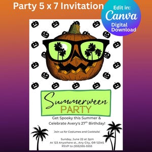 Può includere: Invito digitale per una festa a tema Summerween. Il design presenta una zucca con occhiali da sole con riflessi di palme, circondata da piccole icone di zucche. L'invito include il testo "Summerween Party" e i dettagli dell'evento.