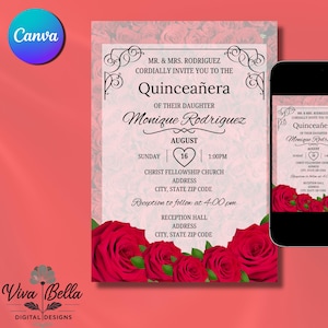 Bearbeitbare rote Rose Quinceaño Einladung | Elegante Blumen Sweet 15 Leinwand Vorlage | Digitaler Download | Druckbare Geburtstagseinladung