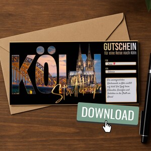 Könnte beinhalten: Ein Gutschein für eine Reise nach Köln, Deutschland, mit der Skyline und dem Dom der Stadt. Der Gutschein enthält Platz für Empfänger- und Absenderdetails sowie eine 'Download'-Schaltfläche.