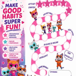 Peut inclure: Un tableau de récompenses Super Kitties avec un chemin rose sinueux composé de cercles et d'étoiles. Le tableau inclut le texte MAKE GOOD HABITS SUPER FUN, LET'S GET STARTED, YOU GOT THIS, KEEP GOING, SO CLOSE TO THE END, EXCELLENT, SHINE BRIGHT, YAY YOU DID IT, et MY REWARD, avec des illustrations de chats en costumes de super-héros.