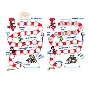 May include: Two Spidey and His Amazing Friends reward charts featuring a winding red path with white circles, character illustrations of Spidey, Ghost-Spider, Spin, and Hulk, and motivational text including Let's Do This and Go Be Amazing.