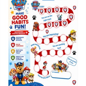 May include: A Paw Patrol themed reward chart featuring a winding red path with circular spaces for stickers. The chart includes illustrations of various Paw Patrol characters, the text Make Good Habits Fun, and a section labeled My Reward.