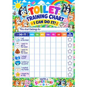 Puede incluir: Una tabla de entrenamiento para ir al baño colorida con temática de Bluey, personajes de dibujos animados, una cuadrícula semanal para seguir el progreso y el texto TOILET TRAINING CHART I CAN DO IT! Incluye una sección para un nombre.