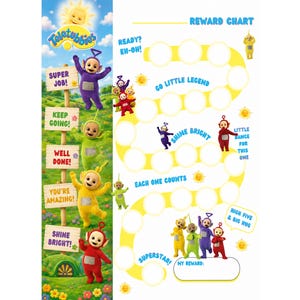 May include: A Teletubbies reward chart featuring Tinky Winky, Dipsy, Laa-Laa, and Po. The chart includes a winding yellow path with circular spaces for stickers, surrounded by green hills, flowers, and text such as Super Job, Keep Going, and Shine Bright.