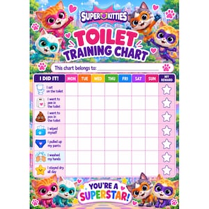 Puede incluir: Una tabla de entrenamiento para ir al baño de Super Kitties con gatos de dibujos animados en trajes de superhéroe. La tabla incluye una cuadrícula para seguir tareas diarias, un espacio para un nombre y estrellas de recompensa.