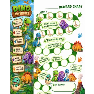 May include: A Dino Adventure reward chart featuring colourful cartoon dinosaurs, a winding path of circular spaces, and wooden signs with motivational text like Be Brave, Stay Kind, Do Your Best, Help Others, Keep Going, and Believe in Yourself.