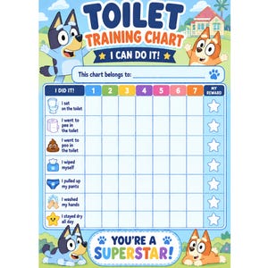 May include: A Bluey-themed toilet training chart featuring Bluey and Bingo characters. The chart includes a grid for tracking progress with tasks like sitting on the toilet, using toilet paper, and washing hands, plus a section for rewards.