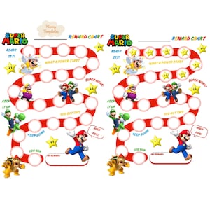 May include: Two identical Super Mario reward charts featuring a winding red path with white circular spaces for stickers. The charts include illustrations of Mario, Luigi, Wario, Yoshi, and Bowser, along with yellow stars and text like Ready Set, Super Work, and My Reward.