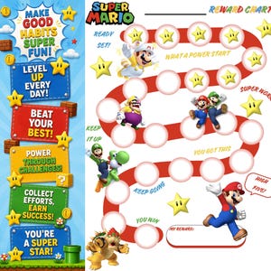 May include: A Super Mario themed reward chart featuring a winding red path with empty white circles for tracking progress. The design includes illustrations of Mario, Luigi, Wario, Yoshi, and Bowser, along with yellow stars and motivational text.