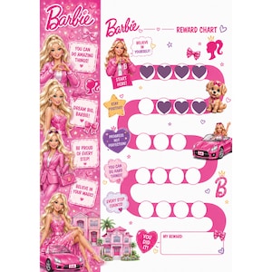 Può includere: Una tabella dei premi Barbie rosa con diverse illustrazioni di Barbie in vari abiti, un cucciolo, un'auto rosa e una casa. La tabella include un percorso tortuoso di cerchi bianchi per monitorare i progressi, testo motivazionale e uno spazio.