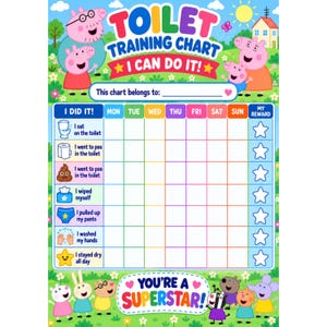 Quadro de treinamento para usar o penico da Peppa Pig para crianças pequenas | Adesivos de recompensa para treinamento do desfralde (Imprimível)
