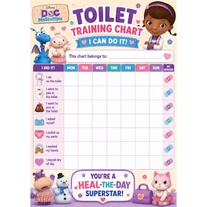 Puede incluir: Una tabla de entrenamiento para ir al baño de Disney Doc McStuffins con una cuadrícula para seguir el progreso diario. La tabla incluye ilustraciones de personajes, iconos para tareas como usar el inodoro y el texto TOILET TRAINING CHART I CAN DO IT!
