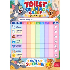 Puede incluir: Una colorida tabla de entrenamiento para ir al baño de Tom y Jerry con el texto TOILET TRAINING CHART I CAN DO IT! y YOU'RE A SUPERSTAR! La cuadrícula incluye columnas para los días de la semana y filas para tareas como I sat on the toilet.