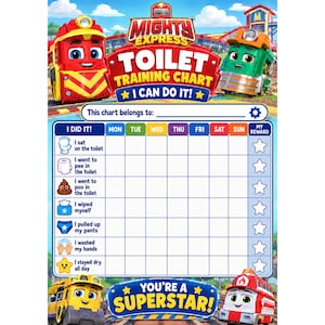 Tabla de entrenamiento para ir al baño Mighty Express para niños pequeños / Rastreador de rutinas de recompensa para ir al baño (Descarga digital e impresión)