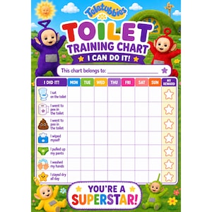 Könnte beinhalten: Ein Teletubbies-Töpfchentrainingsplan mit Tinky Winky, Dipsy, Laa-Laa und Po. Der Plan enthält ein wöchentliches Raster mit Aufgaben wie Ich saß auf der Toilette, Ich habe Pipi gemacht, Ich habe Kacka gemacht, Ich habe mich abgewischt und Hände gewaschen.