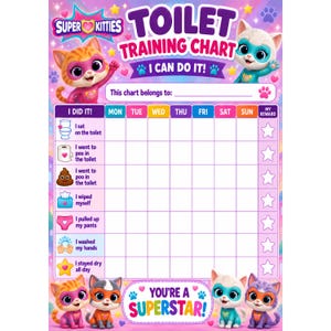 Op de afbeelding: Een Super Kitties zindelijkheidstrainingkaart met een paarse en roze achtergrond. De kaart bevat cartoonkittens, een wekelijks rooster om de voortgang bij te houden en tekst waaronder Toilet Training Chart en You're A Superstar.