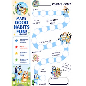 May include: A Bluey-themed reward chart featuring a winding path of white circles on a light blue background. The chart includes text such as MAKE GOOD HABITS FUN, REWARD CHART, and various encouraging phrases like YOU CAN DO IT and YAY! YOU DID IT!