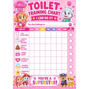 Op de afbeelding: Een roze Paw Patrol zindelijkheidstrainingkaart met de personages Skye en Everest. De kaart bevat kolommen voor de dagen van de week en rijen voor taken zoals op het toilet zitten, plassen, poepen, afvegen, broek omhoog trekken, handen wassen en droog blijven, met sterpictogrammen voor beloningen.