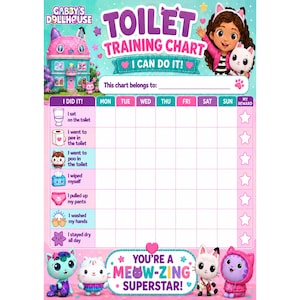 Op de afbeelding: Een Gabby's Dollhouse zindelijkheidstraining-kaart met een raster voor het bijhouden van dagelijkse vorderingen. De kaart bevat illustraties van personages, een toilet, toiletpapier en hygiënetaken. Tekst bevat "Toilet Training Chart", "I Can Do It!" en "You're a Meow-zing Superstar!" met een ruimte voor een naam.