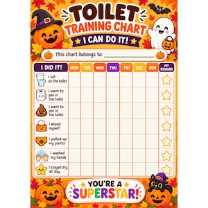 May include: A Halloween-themed toilet training chart featuring a pumpkin, ghost, and black cat. The chart includes columns for days of the week, rows for tasks like I sat on the toilet, I went to pee, I went to poo, I wiped, I pulled up my pants, I washed my hands, and I stayed dry all day.