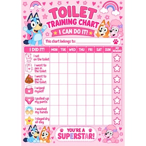 以下が含まれることがあります： ピンク色のトイレトレーニングチャート。犬のキャラクター、虹、ハートが描かれています。チャートには、トイレに座る、おしっこをする、うんちをする、拭く、パンツを上げる、手を洗う、一日中濡らさないといったタスクが書かれた週間グリッドが含まれています。
