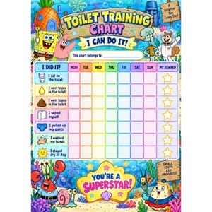May include: A colourful SpongeBob SquarePants themed toilet training chart featuring characters like Patrick, Squidward, and Sandy. The grid includes columns for days of the week, rows for tasks like I sat on the toilet, and a section for rewards.