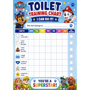 May include: A blue Paw Patrol toilet training chart featuring Chase and Marshall characters. The chart includes columns for days of the week, rows for tasks like I sat on the toilet, I went pee, I went poo, I wiped, I pulled up pants, I washed hands, and I stayed dry.