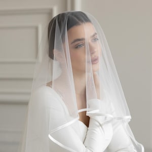 Satin ribbon veil,Satin trim veil,Two tier satin edge veil,Simple Wedding Veil,Cascading Veil,Elegant Bridal Veil,Fingertip Length Veil