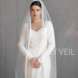 Soft Satin Ribbon Edge Wedding Veil,Simple Wedding Veil,Cathedral wedding veil,Cascading Veil with Satin Cord Trim,Fingertip Length Veil