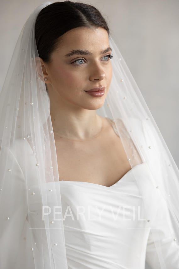 White Cathedral Pearl Wedding Veil Pearl Bridal Veil, Pearl Beaded Wedding Veil, White or Ivory  main image 3