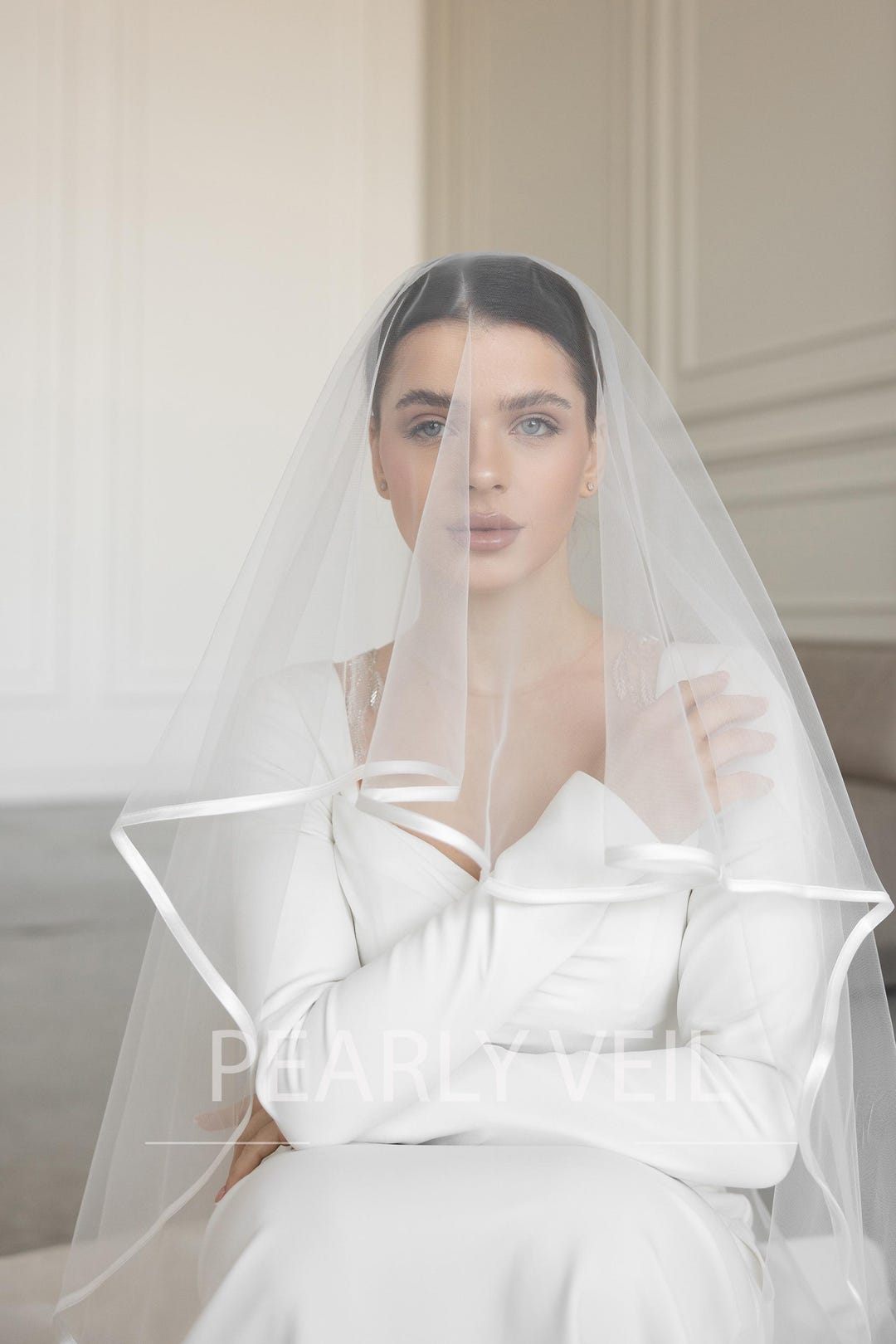 Elegant creamy white intermission veil with white satin edging Satin Edge Veil, Two Tier, Cathedral Length – Calily Bridal main image 3