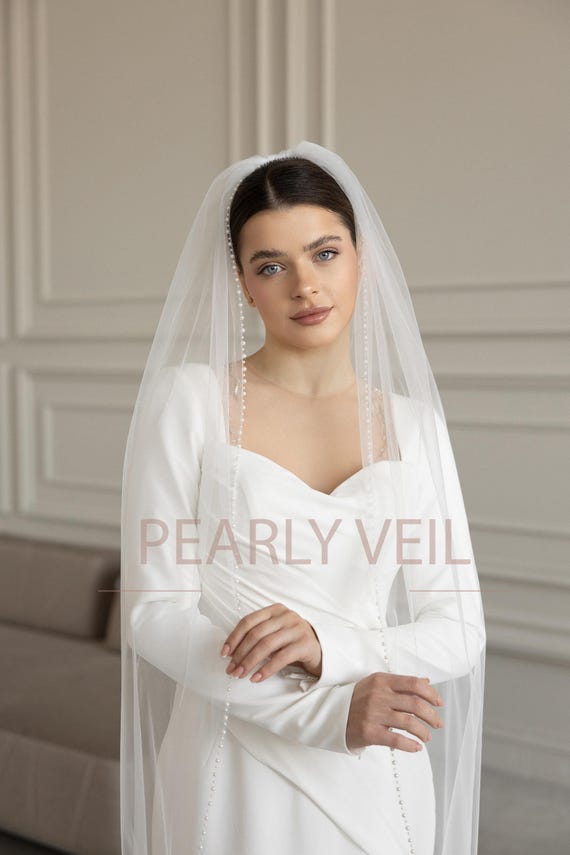 Pearl Trim Wedding Veil,pearl Cathedral Veil,pearl Edge Veil  display picture 3