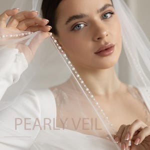 Pearl beaded wedding veil Bridal fingertip veil Pearl trim veil  Beaded edge cathedral bridal veil chapel length Ivory veil