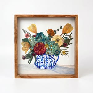 Real Pressed Flower Art – Collage with hand-painted details - Made by Korean Artisan -  Botanical Wall Decor (12.2 x 12.2 Inch)