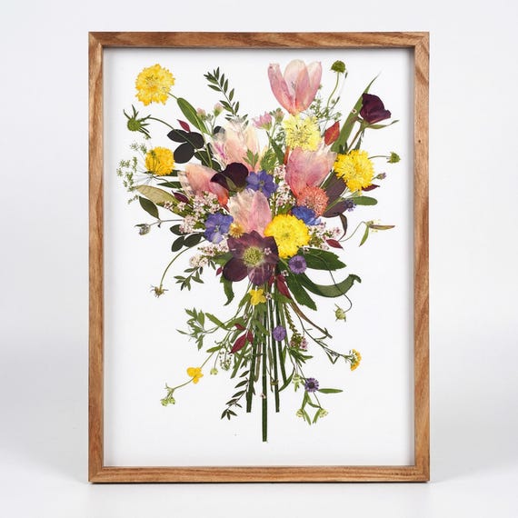 Real Pressed Flower Art - Inspired by Bridal Bouquet - Made by Korean Artisan - Botanical Wall Decor (13 x 17.7 Inch)