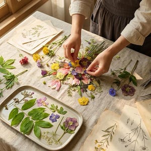 May include: A collection of pressed flowers and green leaves arranged on a light-colored surface, including a rectangular tray filled with botanical specimens, loose floral stems, metal scissors, tweezers, and vintage-style paper illustrations.