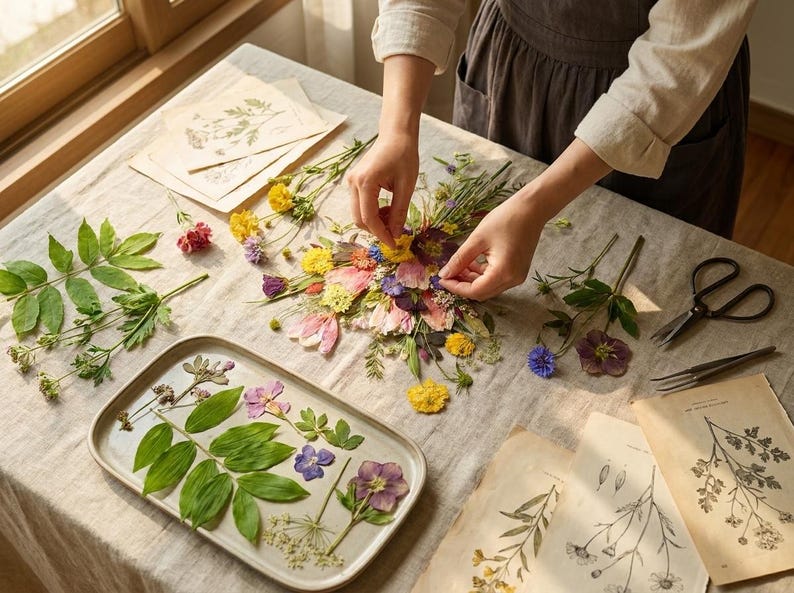 May include: A collection of pressed flowers and green leaves arranged on a light-colored surface, including a rectangular tray filled with botanical specimens, loose floral stems, metal scissors, tweezers, and vintage-style paper illustrations.