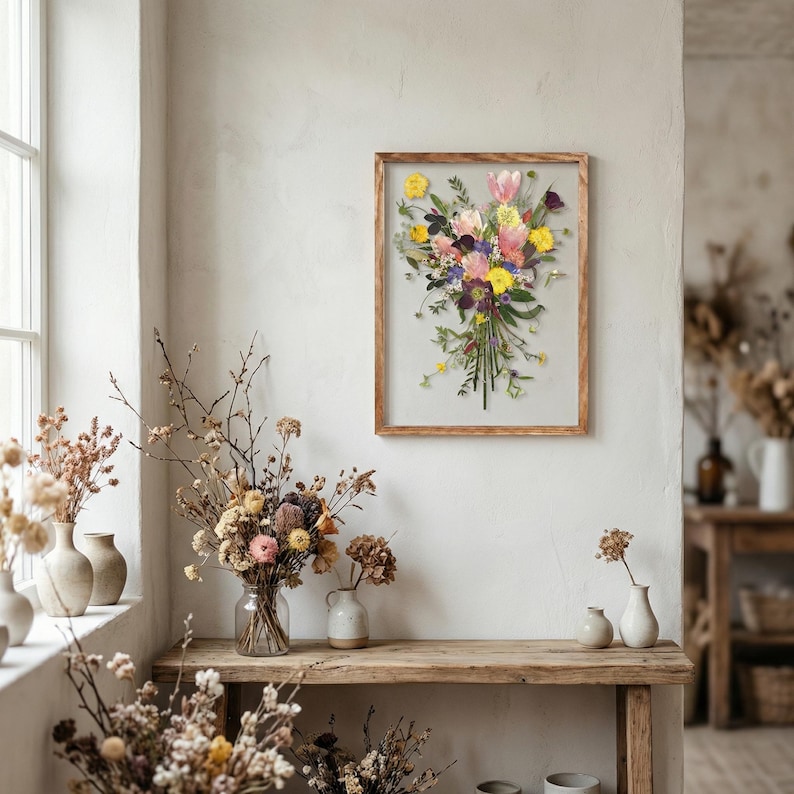 Real Pressed Flower Art - Inspired by Bridal Bouquet - Made by Korean Artisan - Botanical Wall Decor (13 x 17.7 Inch) image 14