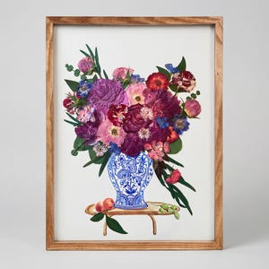 Pressed Flower Bouquet Wall Art, Korean Blue and White Porcelain Vase, Handmade Botanical Floral Decor