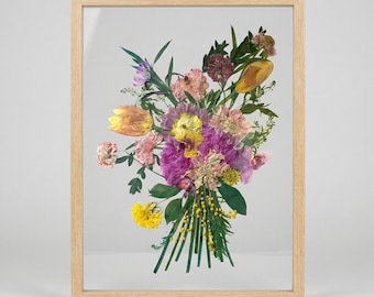 Äkta pressad blomsterkonst - Inspirerad av brudbukett - Tillverkad av koreansk hantverkare - Botanisk väggdekoration (33 x 43 cm)