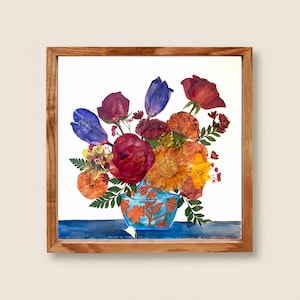 Real Pressed Flower Art – Collage with hand-painted details - Made by Korean Artisan -  Botanical Wall Decor (12.2 x 12.2 Inch)
