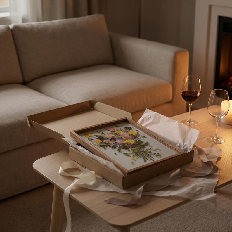 May include: A rectangular wooden frame containing a pressed flower arrangement with yellow, pink, and purple petals and green foliage, resting inside an open cardboard gift box with white tissue paper and a light-colored ribbon on a wooden table.