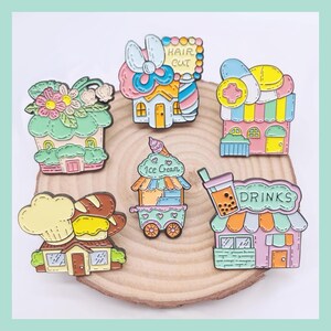 Whimsical Shop Enamel Pins - Cute Flower Cart Food Truck Designs Miniature Collectible Badge Accessories for Pin Lovers