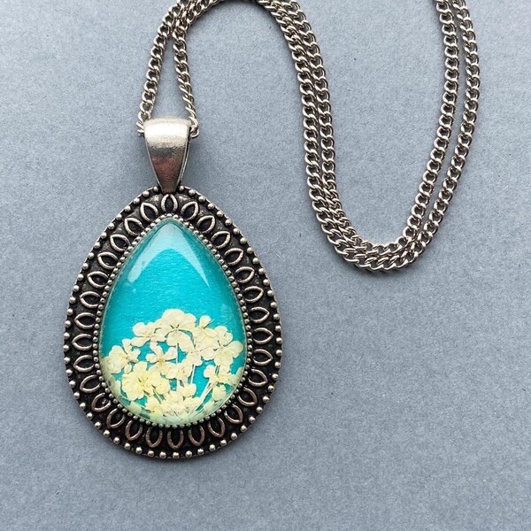 Real Pressed Flower Necklace - Teardrop Botanical Necklace - Teal and Silver