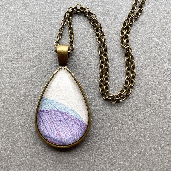 Real Pressed Leaf Necklace - Teardrop Botanical Necklace - Antique Brass