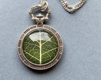 Real Pressed Leaf Necklace - Round Botanical Necklace - Green and Silver