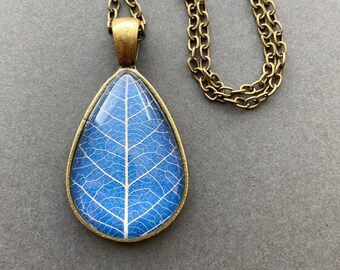 Real Pressed Leaf Necklace - Teardrop Botanical Necklace - Blue and Antique Brass