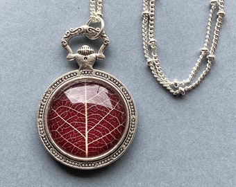 Real Pressed Leaf Necklace - Round Botanical Necklace - Deep Red and Silver