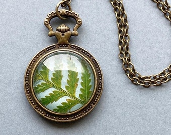 Real Pressed Fern Leaf Necklace - Round Botanical Necklace - Blue and Green Antique Brass