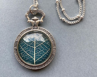 Real Pressed Leaf Necklace - Round Botanical Necklace - Dark Teal and Silver